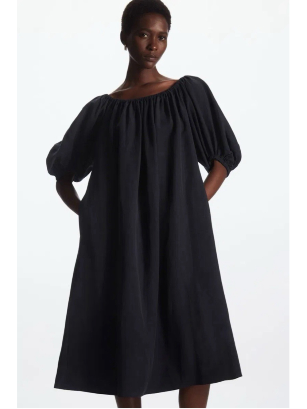 COS Off-The-Shoulder Linen Puff-Sleeve Midi Dress Sz 10 Blue Minimalist Preppy - Picture 1 of 9